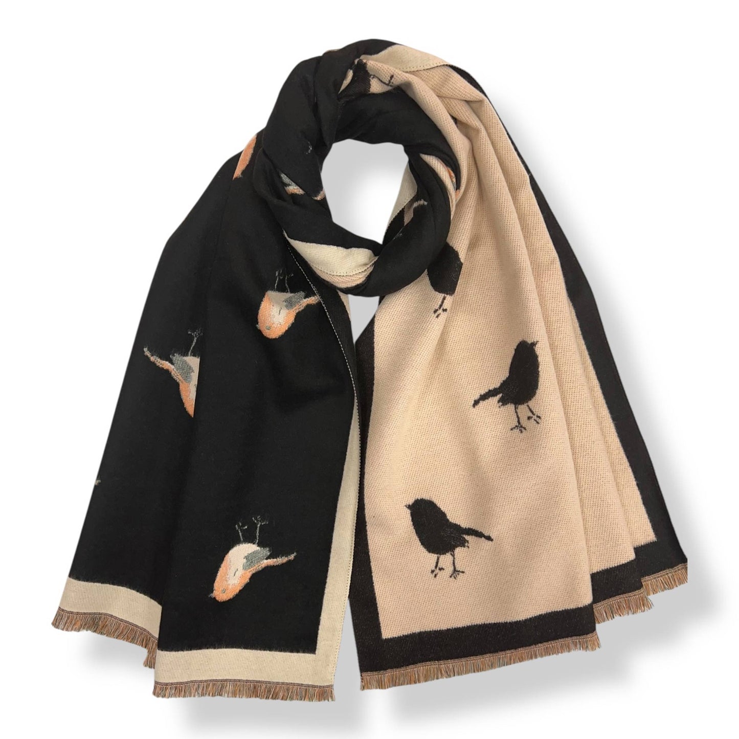 Reversible London Scarves robin print cashmere blend wrap in black and beige.