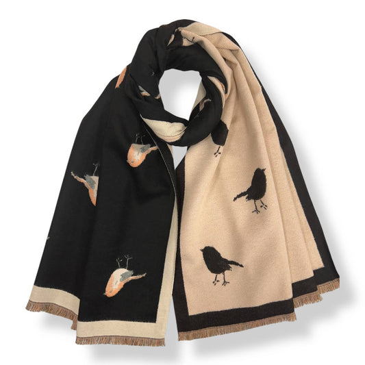 Reversible London Scarves robin print cashmere blend wrap in black and beige.
