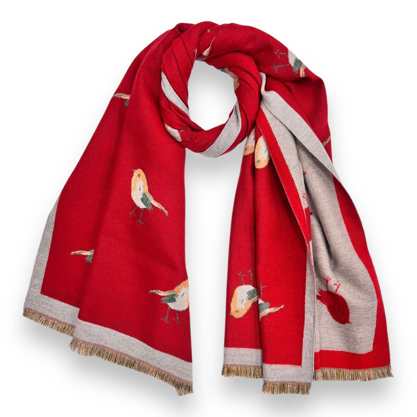 Reversible red and beige robin motif scarf by London Scarves in a soft cashmere blend.
