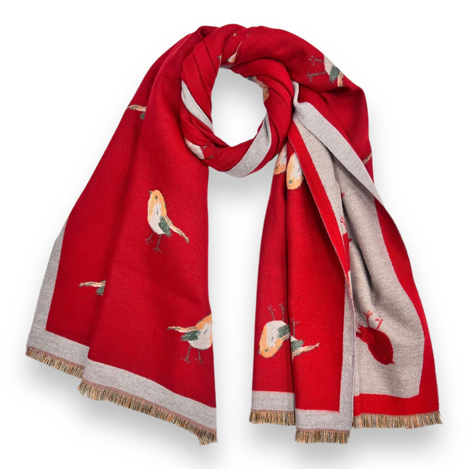 Reversible red and beige robin motif scarf by London Scarves in a soft cashmere blend.