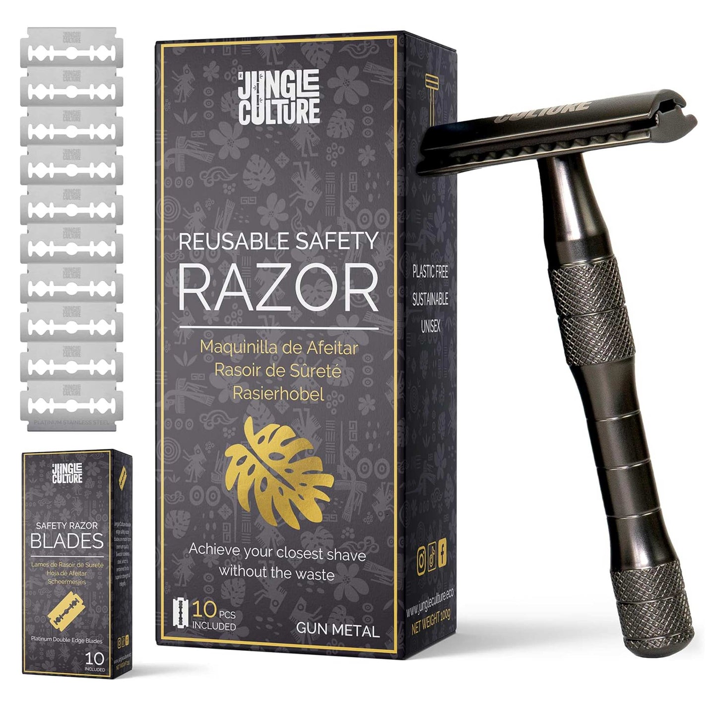 Metallic Gunmetal Black Jungle Culture safety razor shown with 10 replacement blades and eco-friendly gift box packaging.