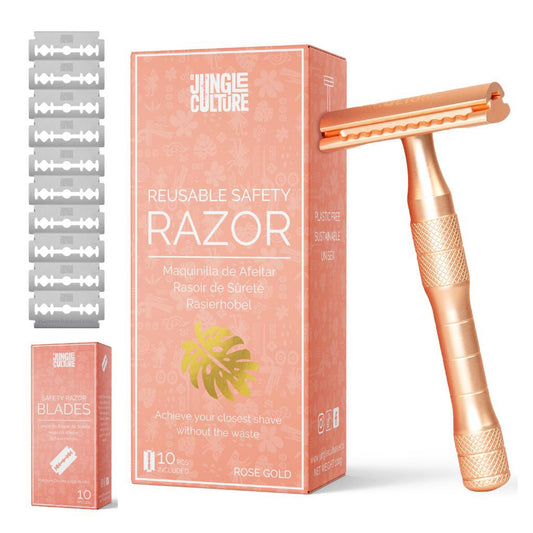 Jungle Culture Rose Gold Reusable Safety Razor with 10 replacement blades and plastic-free gift box packaging on a white background.