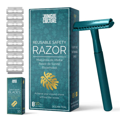 Ocean Teal Jungle Culture safety razor standing next to its branded gift box and 10 replacement blades.