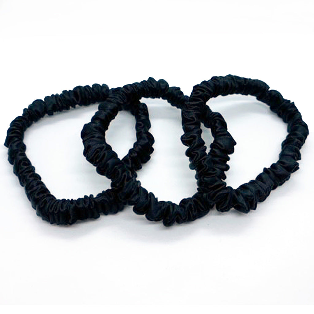 SET OF 3 SKINNY PURE SILK SCRUNCHIES BLACK