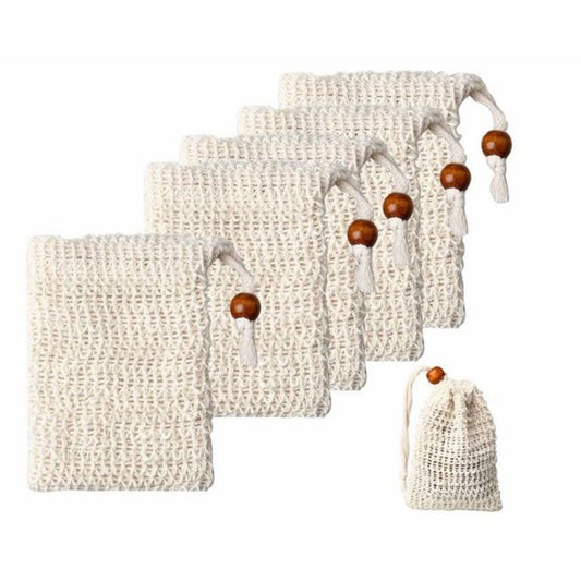 Single Jungle Culture natural sisal soap saver bag with a wooden bead drawstring on a white background