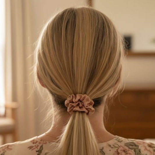 Person with blonde hair tied in a ponytail with a rose gold silk scrunchie, wearing a floral top.