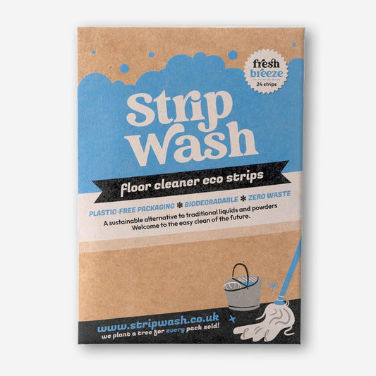 A slim, recyclable blue and white cardboard packet of Ecoliving StripWash Floor Cleaner eco strips, showing a mop and bucket illustration and "Fresh Breeze" fragrance label.