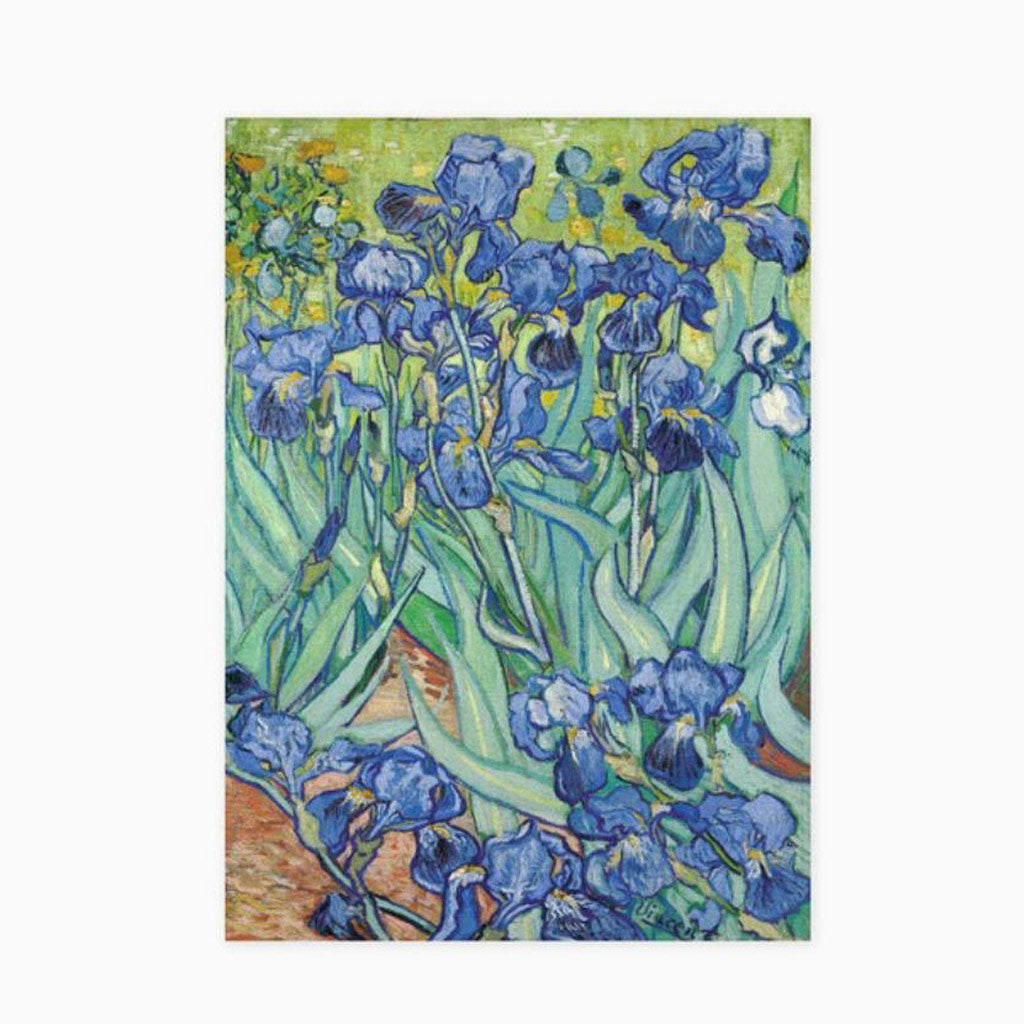 Van Gogh Irises 100% cotton tea towel featuring a vibrant Impressionist print.