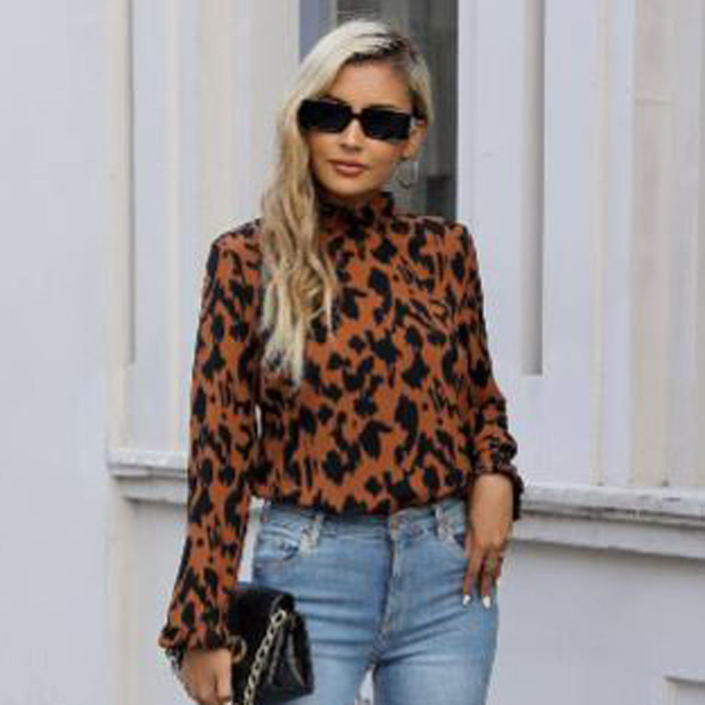 HIGH NECK FRILL DETAIL TOP CAMEL BROWN SIZE 16