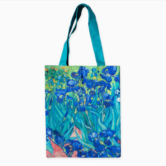 Van Gogh Irises sturdy cotton tote bag featuring the iconic Impressionist artwork.
