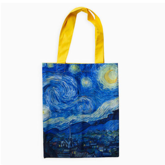 Van Gogh Starry Night sturdy cotton tote bag showing the iconic blue swirling artwork