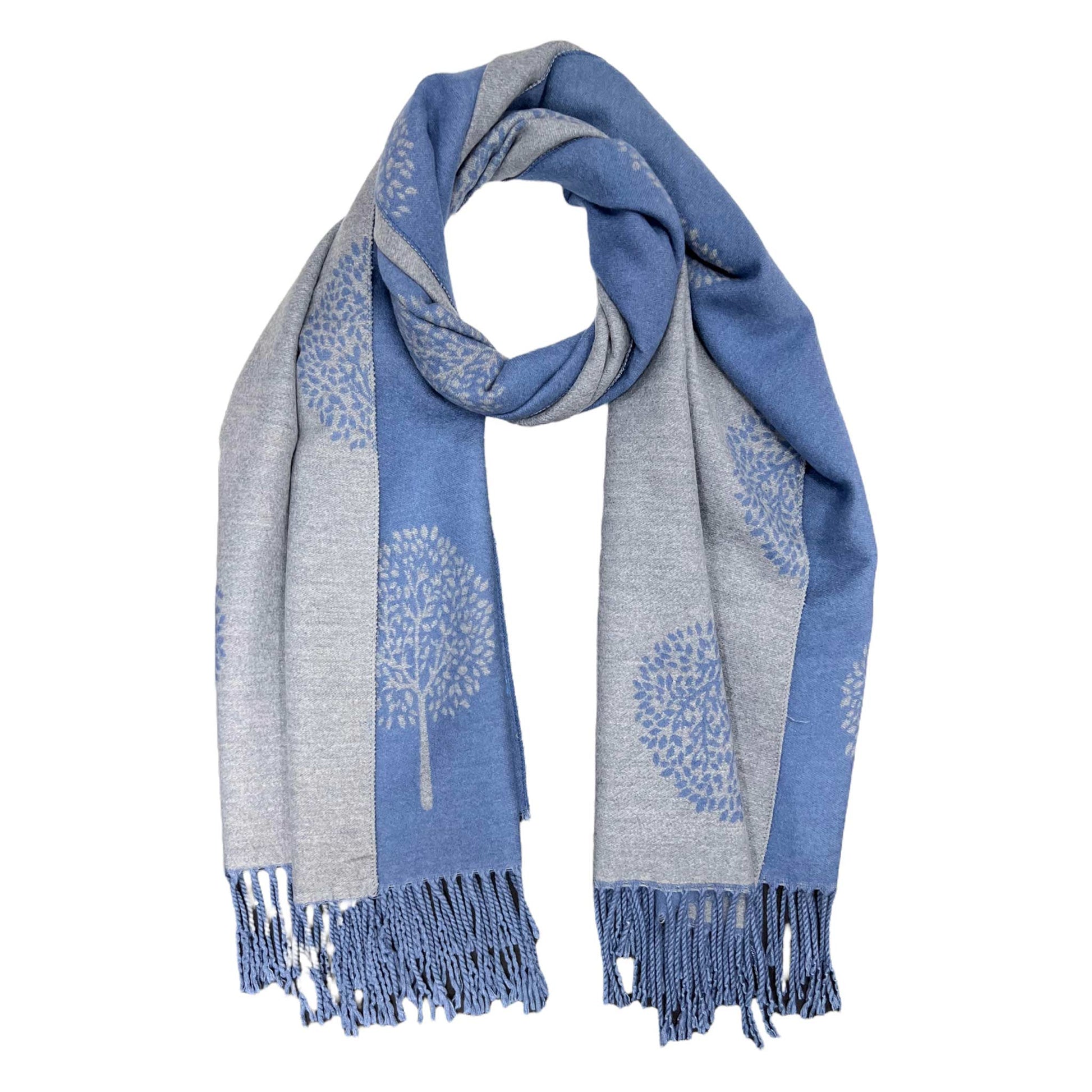 Reversible cornflower blue and grey Tree of Life scarf with tassels in a soft cashmere blend.