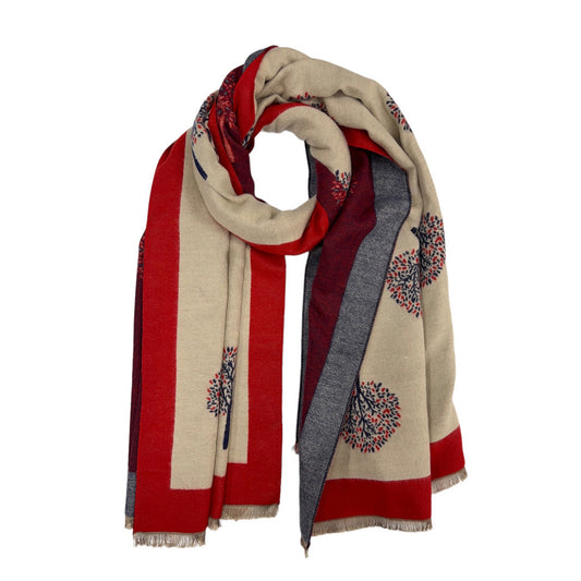 CASHMERE BLEND SCARF TREE OF LIFE TWO TONE RED