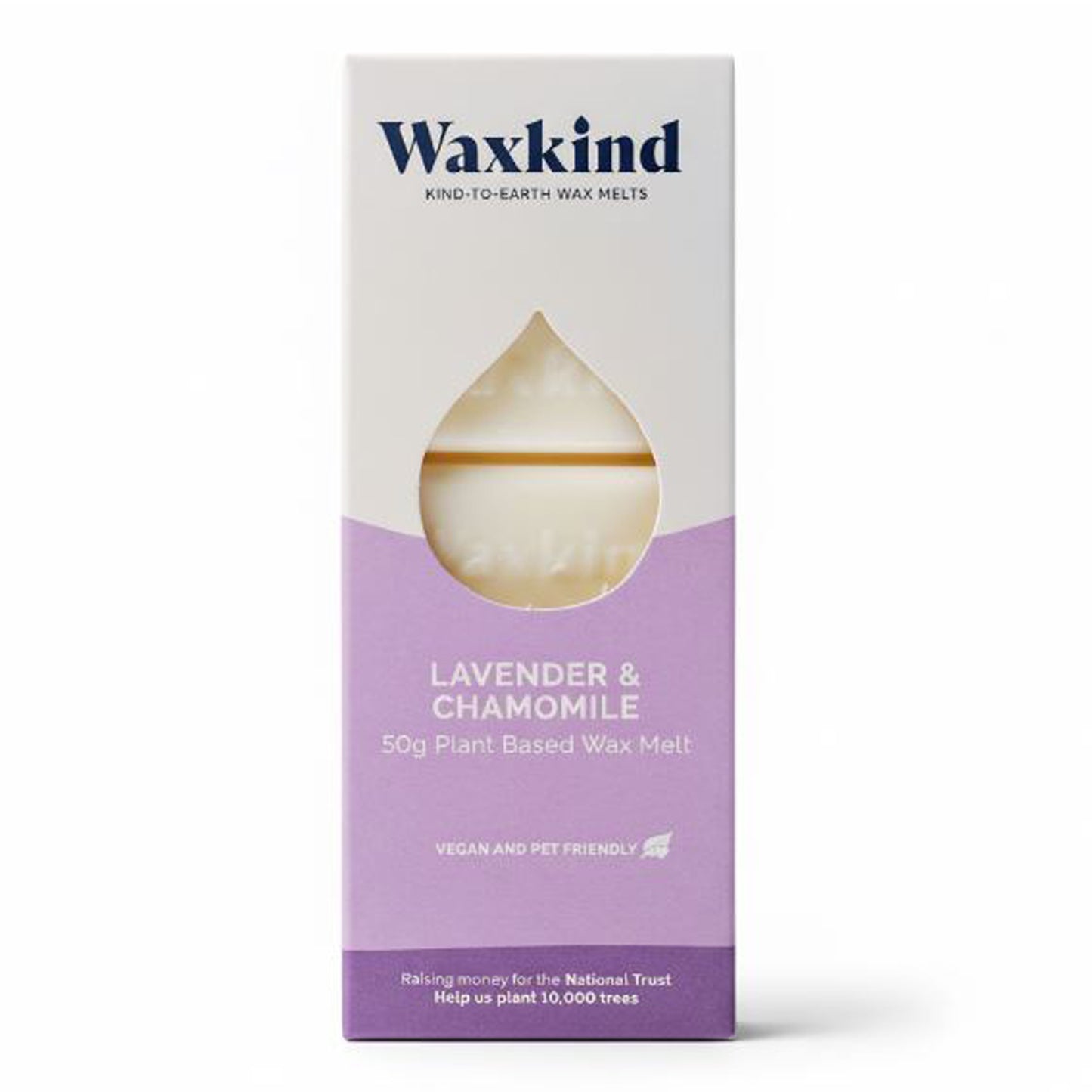 Front of white and lilac Waxkind packaging featuring a droplet-shaped window showing the light-coloured wax melt inside. Text reads: Waxkind Kind-To-Earth Wax Melts, Lavender & Chamomile, 50g Plant Based Wax Melt, Vegan and Pet Friendly. Bottom banner mentions raising money for the National Trust to help plant 10,000 trees.