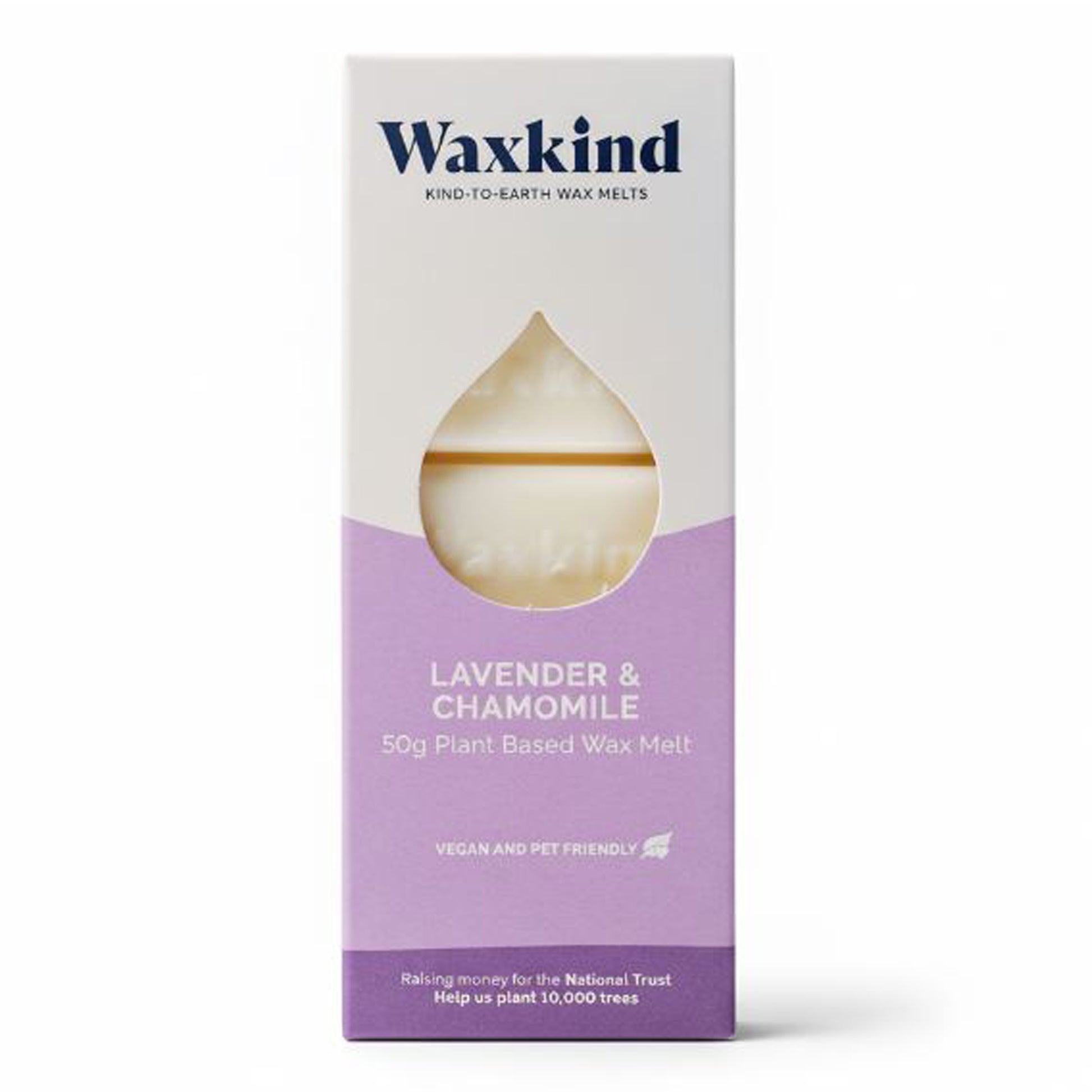 Front of white and lilac Waxkind packaging featuring a droplet-shaped window showing the light-coloured wax melt inside. Text reads: Waxkind Kind-To-Earth Wax Melts, Lavender & Chamomile, 50g Plant Based Wax Melt, Vegan and Pet Friendly. Bottom banner mentions raising money for the National Trust to help plant 10,000 trees.