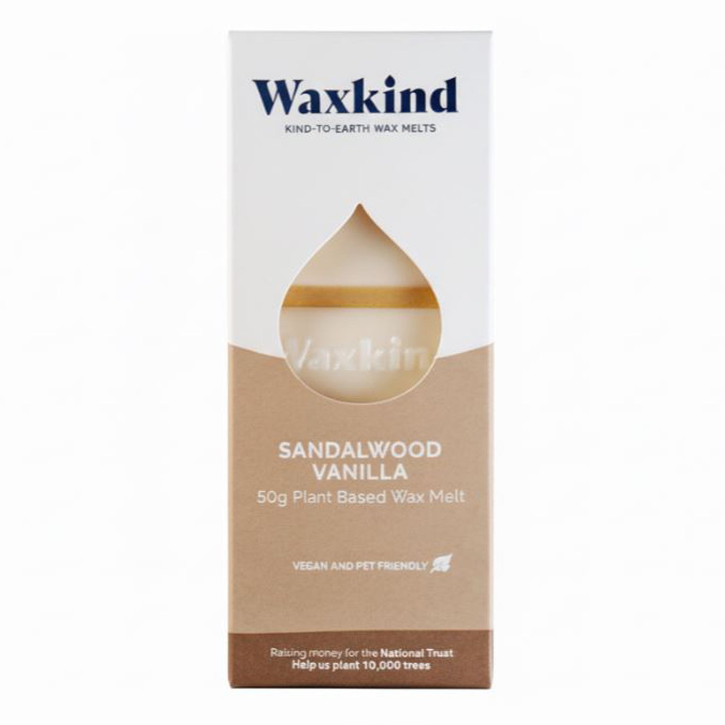Front view of Waxkind Sandalwood & Vanilla packaging. The box features a white top with a dark logo and a warm tan-brown bottom section. A teardrop cutout reveals the cream wax bar inside. Text confirms 50g plant-based wax, vegan and pet friendly.