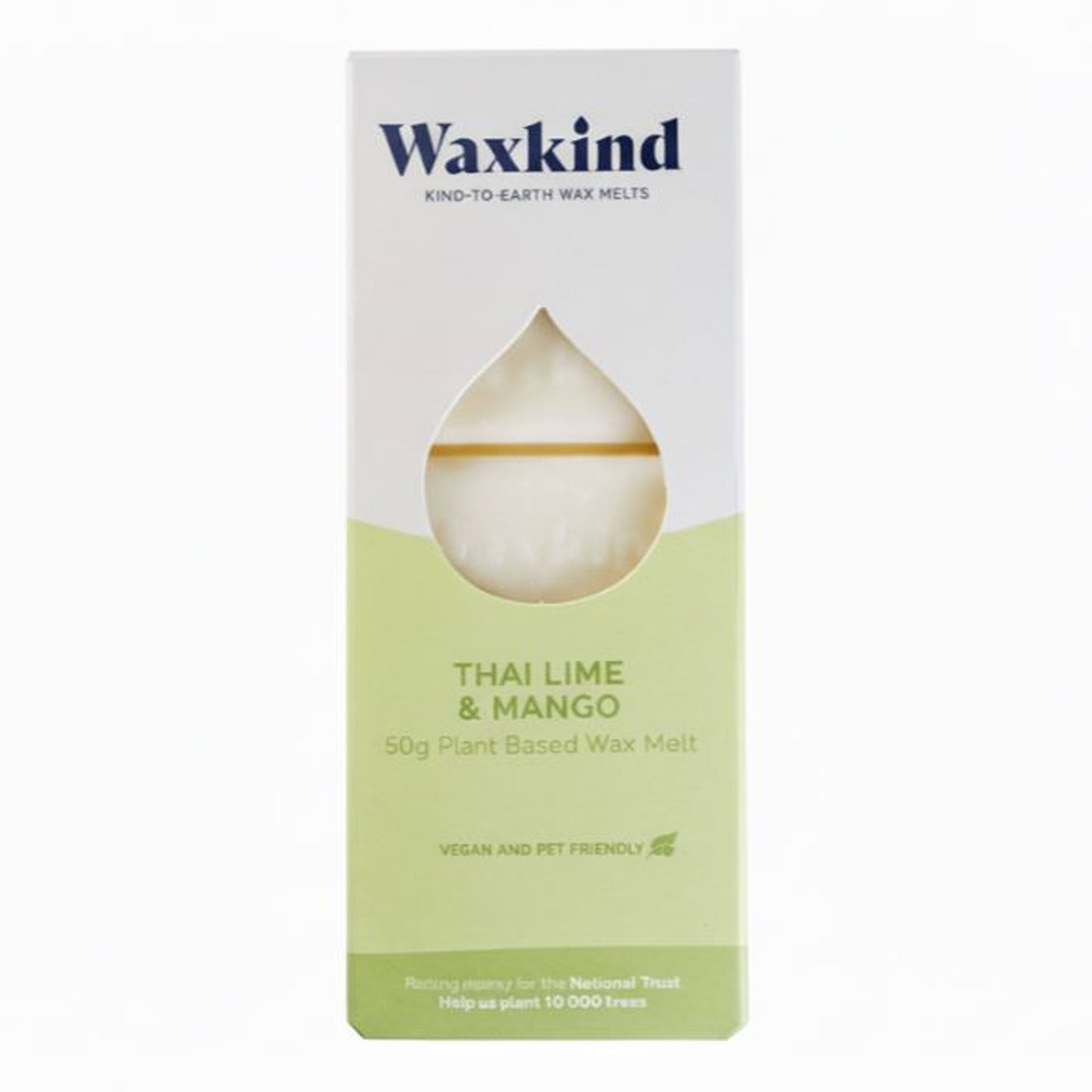 Front of white and lime green Waxkind packaging with a teardrop-shaped cutout showing the cream wax melt inside. Text reads: Waxkind Kind-To-Earth Wax Melts, Thai Lime & Mango, 50g Plant Based Wax Melt, Vegan and Pet Friendly.