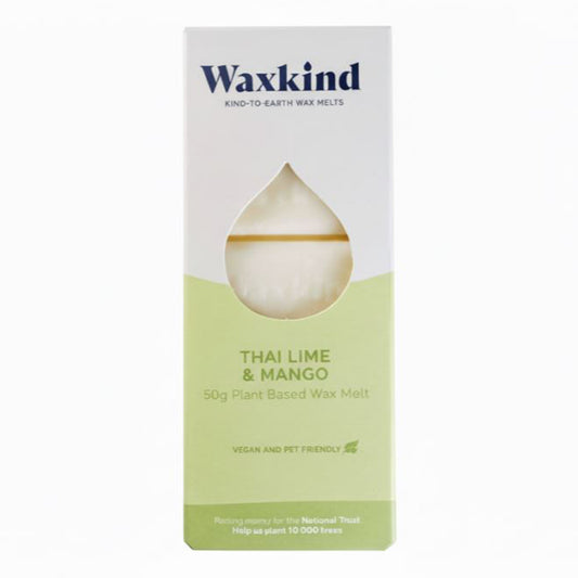 Front of white and lime green Waxkind packaging with a teardrop-shaped cutout showing the cream wax melt inside. Text reads: Waxkind Kind-To-Earth Wax Melts, Thai Lime & Mango, 50g Plant Based Wax Melt, Vegan and Pet Friendly.
