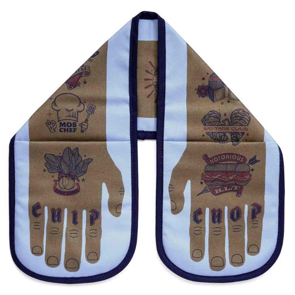 Witty tattoo theme double oven gloves called chip chop