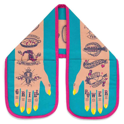 Witty tattoo theme double oven gloves called grill power