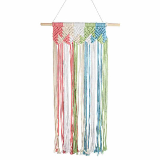 Macrame wall hanging in pink, blue and white