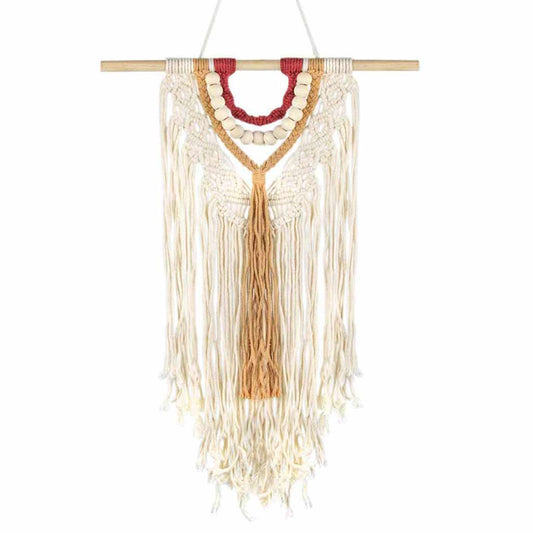 Macrame wall hanging in white, red and brown