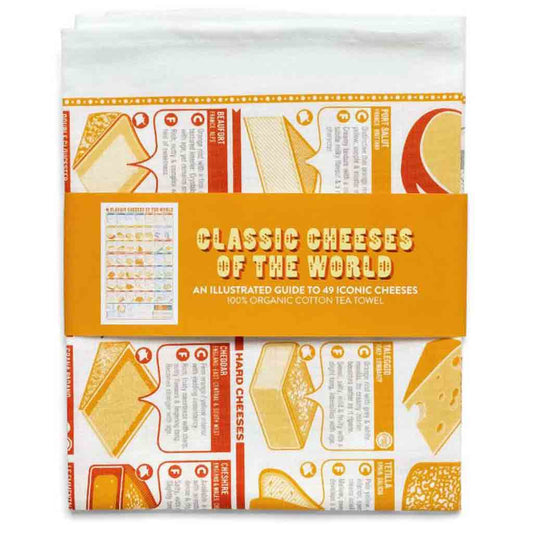 Informative tea towel about cheeses of the world